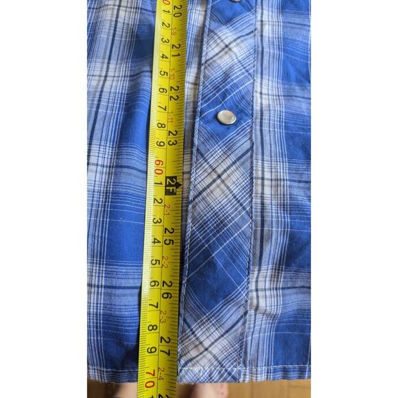 Wrangler Wrancher Blue Plaid Pearl Snap Button Down Shirt, Medium, Vintage - Picture 5 of 9